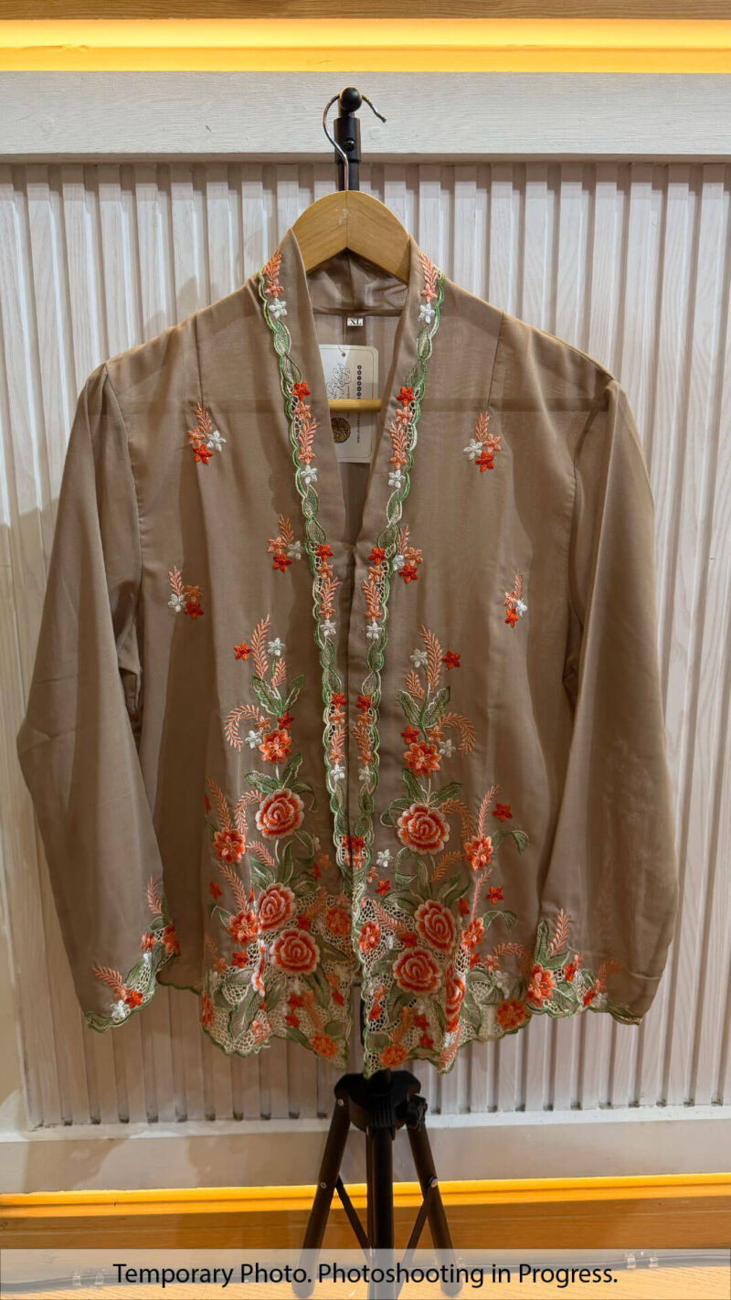 Bushra Nyonya Kebaya in Dusty Taupe and Flame Orange
