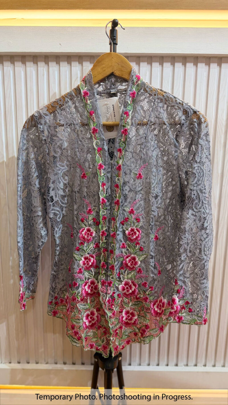 Khairani Nyonya Kebaya Lace in Pale Slate and Cherry Rose