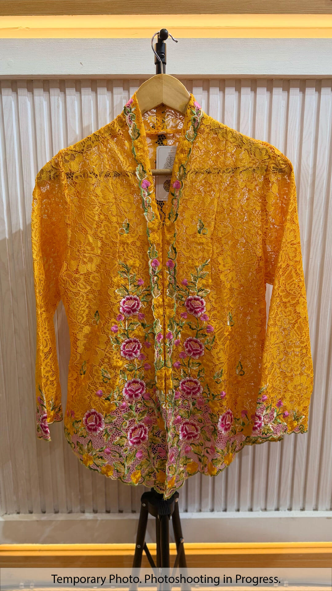 Qaireen Nyonya Kebaya Lace in Amber Gold and Cherry Rose