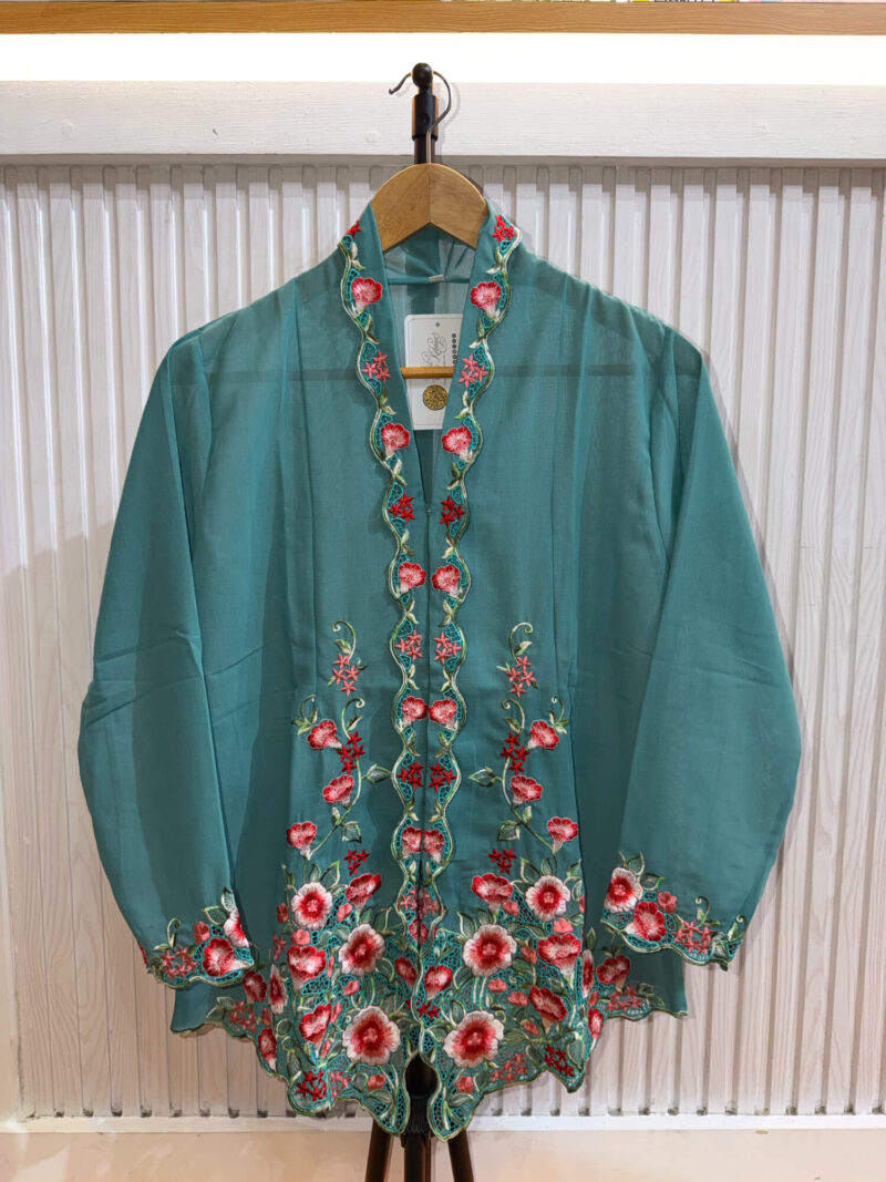 A006 Nyonya Kebaya in Tropical Teal and Brick Red